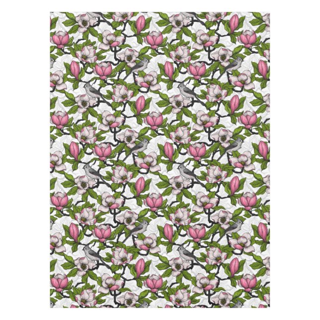 Blooming magnolia and titmouse bird tablecloth (Front)