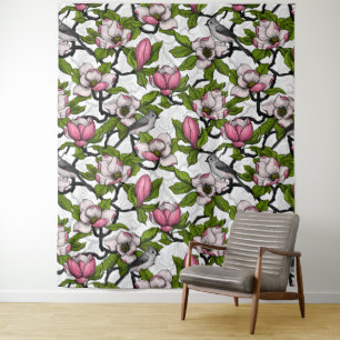 Blooming magnolia and titmouse bird tapestry