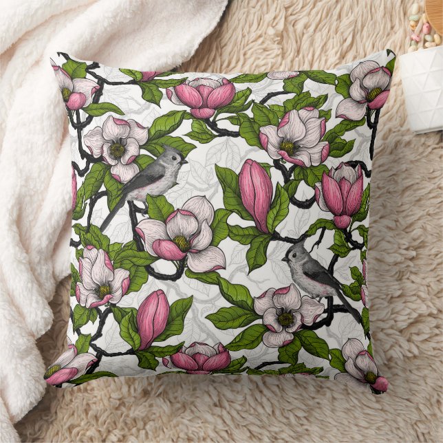 Blooming magnolia and titmouse bird throw pillow (Blanket)