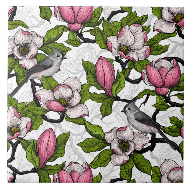 Blooming magnolia and titmouse bird tile (Front)