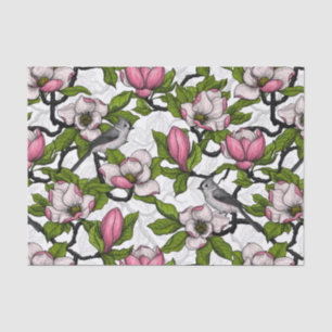 Blooming magnolia and titmouse bird tissue paper