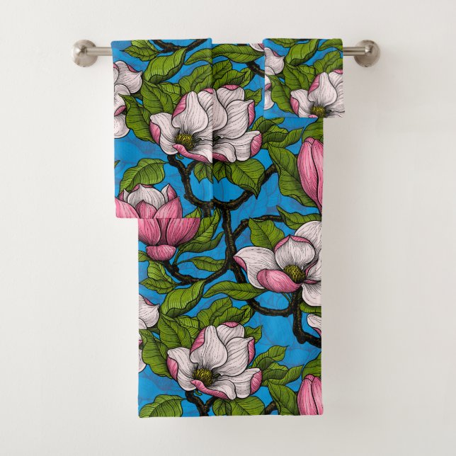 Blooming magnolia on blue bath towel set (Insitu)