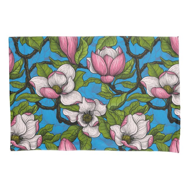 Blooming magnolia on blue pillowcase (Front)