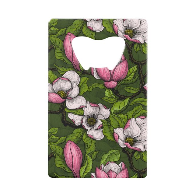 Blooming magnolia on dark green credit card bottle opener (Front)