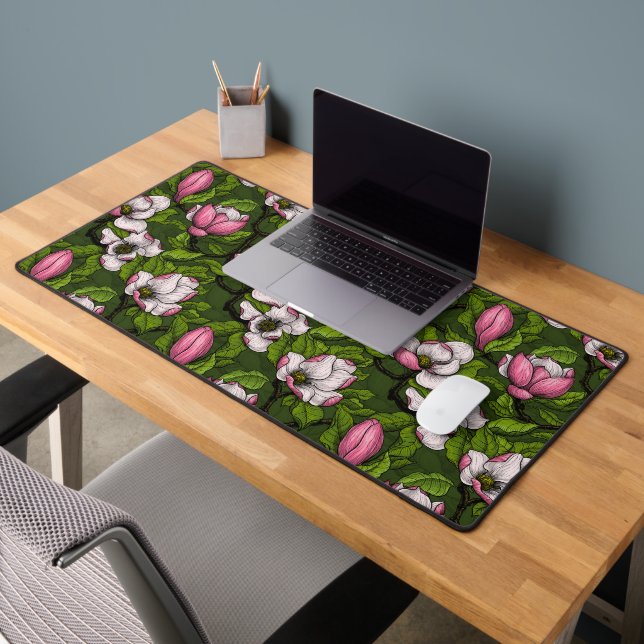 Blooming magnolia on dark green desk mat (Office 2)
