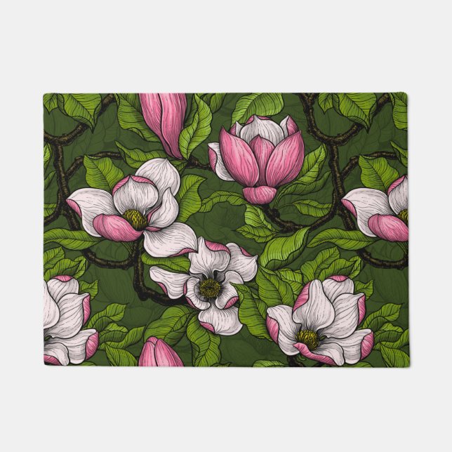 Blooming magnolia on dark green doormat (Front)