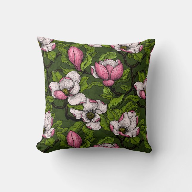 Blooming magnolia on dark green throw pillow (Front)