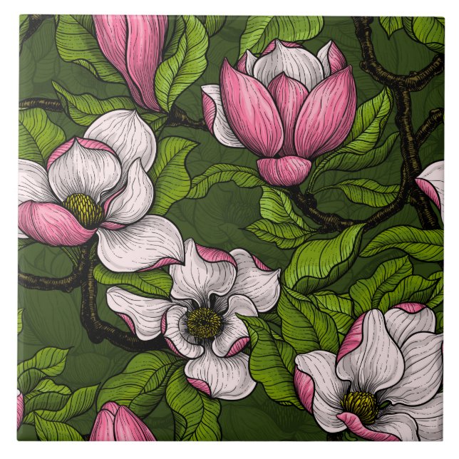 Blooming magnolia on dark green tile (Front)