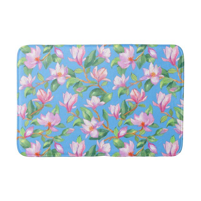 Blooming magnolia on sky blue bath mat (Front)