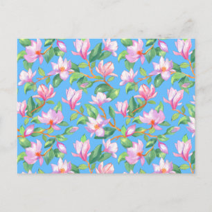 Blooming magnolia on sky blue postcard
