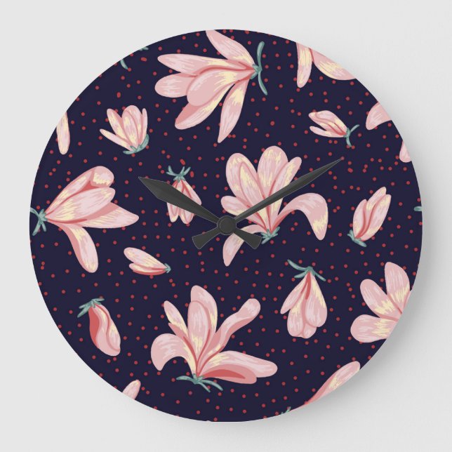 Blooming magnolias, hand-drawn vintage pattern. large clock (Front)