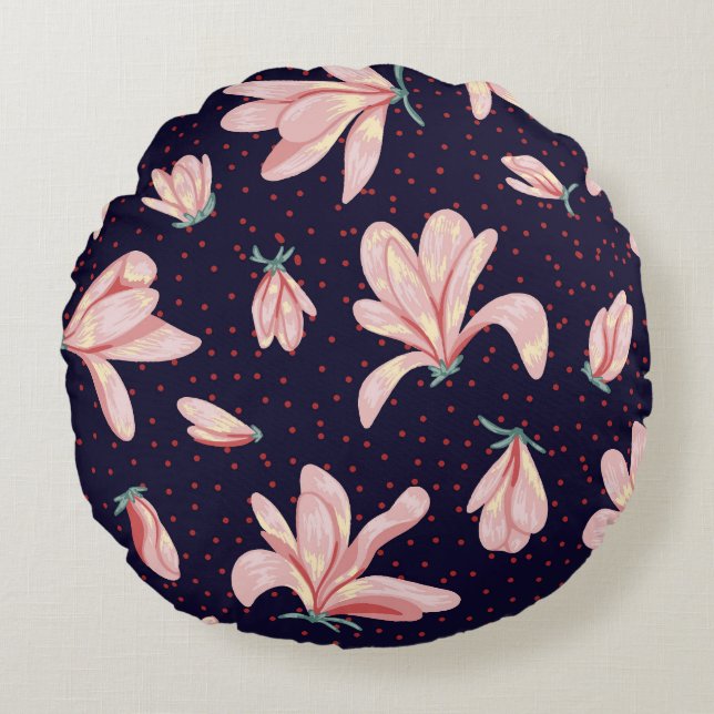 Blooming magnolias, hand-drawn vintage pattern. round pillow (Front)