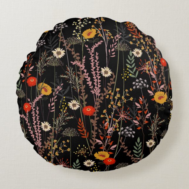 Blooming Meadow Flowers Hand Drawn Round Pillow (Front)