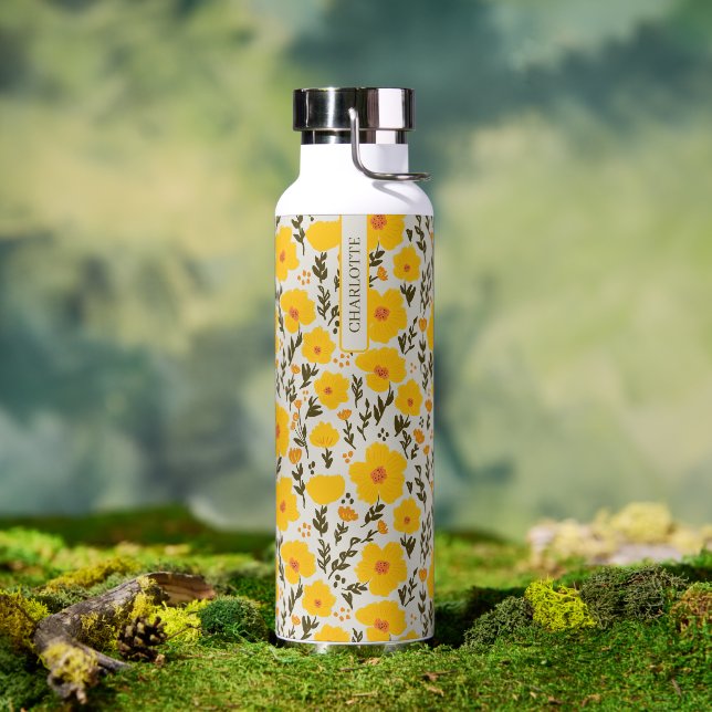 Blooming meadow yellow flowers pattern & Name Water Bottle (Outdoor)