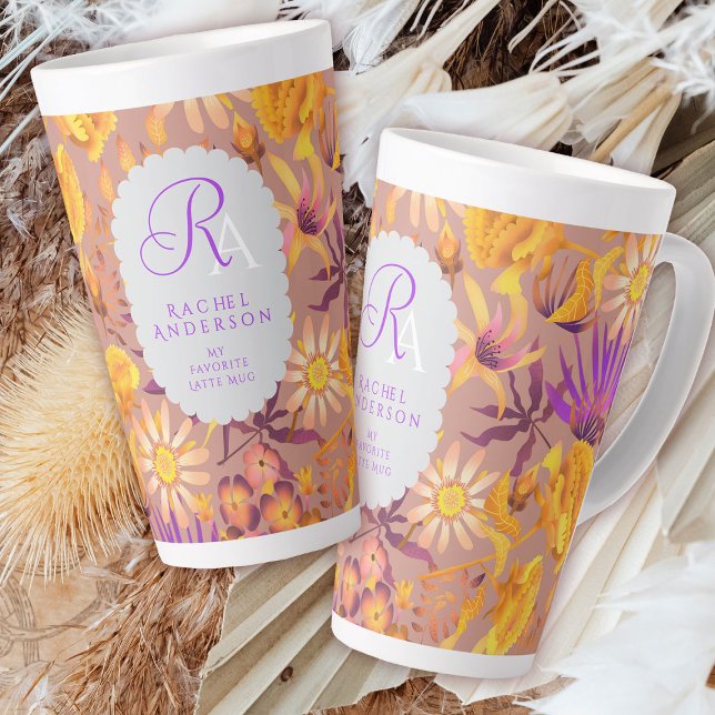 Blooming Mystical Floral Monogram Brown Latte Mug (Blooming Mystical Floral Monogram Brown Latte Mug.)
