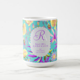 Blooming Mystical Floral Monogram Teal Coffee Mug