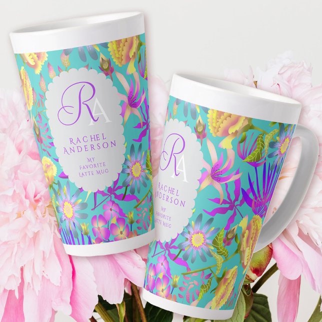 Blooming Mystical Floral Monogram Teal Latte Mug (Blooming Mystical Floral Monogram Teal Latte Mug. )
