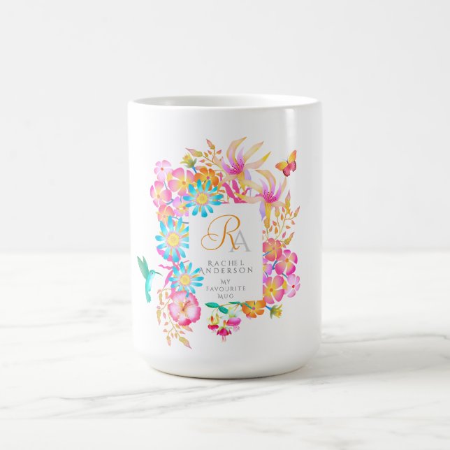 Blooming Mystical Floral Monogram White  Coffee Mug (Center)