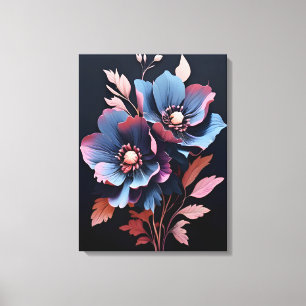 Blooming Night: Blue and Pink Flowers Canvas Print