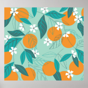 Blooming oranges, leaves, vintage art. poster