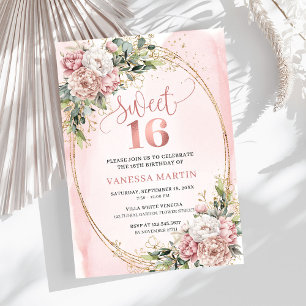 Blooming Pastel Pink Flowers Eucalyptus 16th Bday Invitation