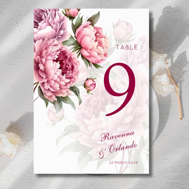 Blooming Peony Botanical Romance Art Wedding Table Number (Creator Uploaded)