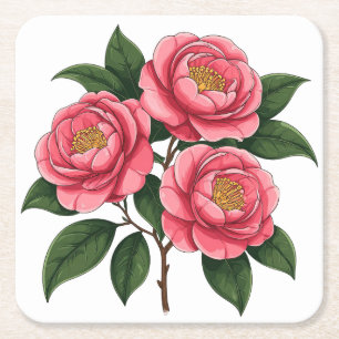 Blooming Pink Camellia Flowers With Green Leaves Square Paper Coaster