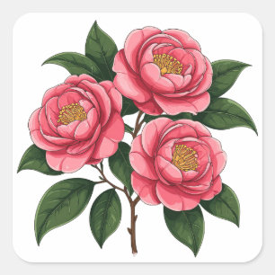 Blooming Pink Camellia Flowers With Green Leaves Square Sticker