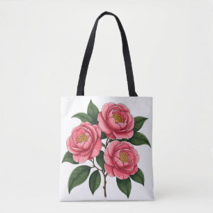 Blooming Pink Camellia Flowers With Green Leaves Tote Bag