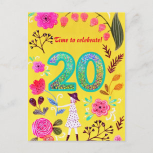Blooming Pink Floral Chic Twenty Birthday Glitter Postcard