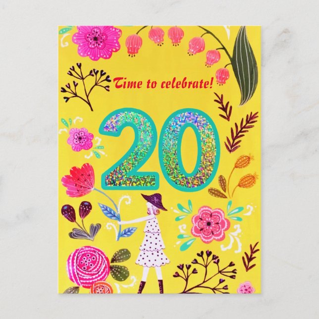 Blooming Pink Floral Chic Twenty Birthday Glitter Postcard (Front)