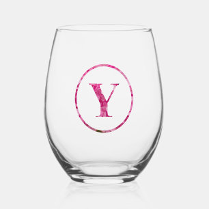 Blooming Pink Floral Monogram Lettering Art "Y" Stemless Wine Glass