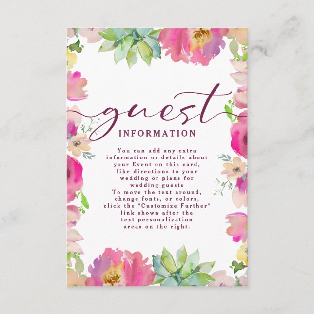 Blooming Pink Floral Wedding Guest Information Enclosure Card (Front)