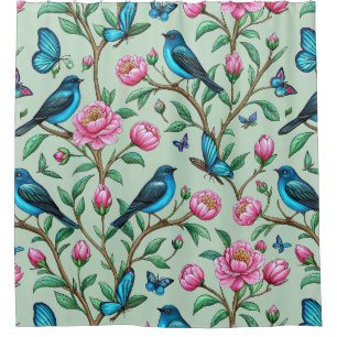 Blooming Pink Flowers Songbirds Green Leaves Mint