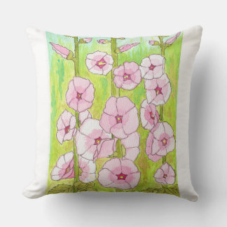 Blooming Pink Hollyhocks Watercolor Throw Pillow