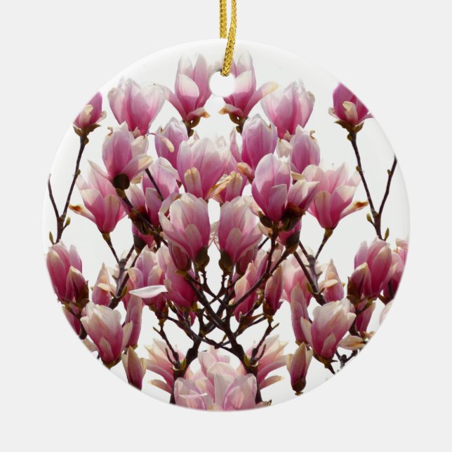 Blooming Pink Magnolias Spring Flower Ceramic Ornament (Front)