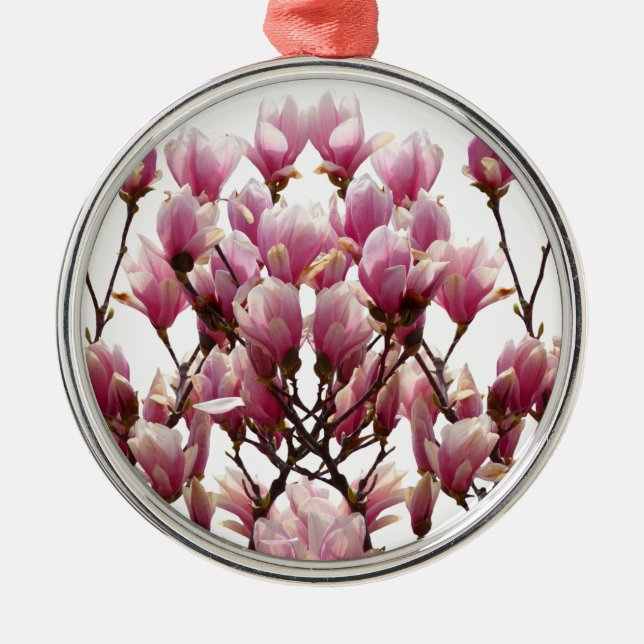 Blooming Pink Magnolias Spring Flower Metal Ornament (Front)