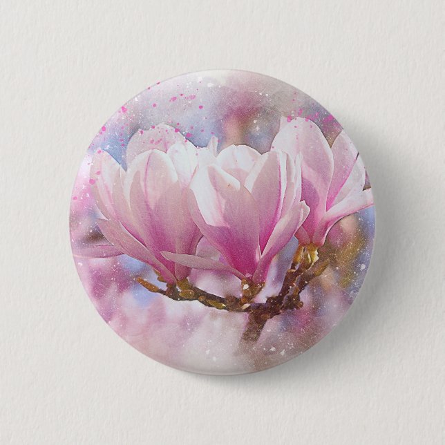 Blooming Pink Purple Magnolia - Spring Flower 2 Inch Round Button (Front)