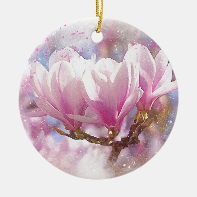 Blooming Pink Purple Magnolia - Spring Flower Ceramic Ornament (Front)