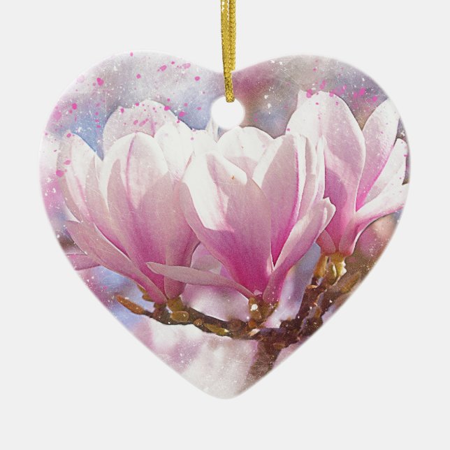 Blooming Pink Purple Magnolia - Spring Flower Ceramic Ornament (Front)