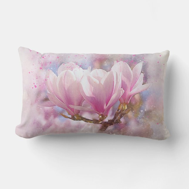 Blooming Pink Purple Magnolia - Spring Flower Lumbar Pillow (Front)