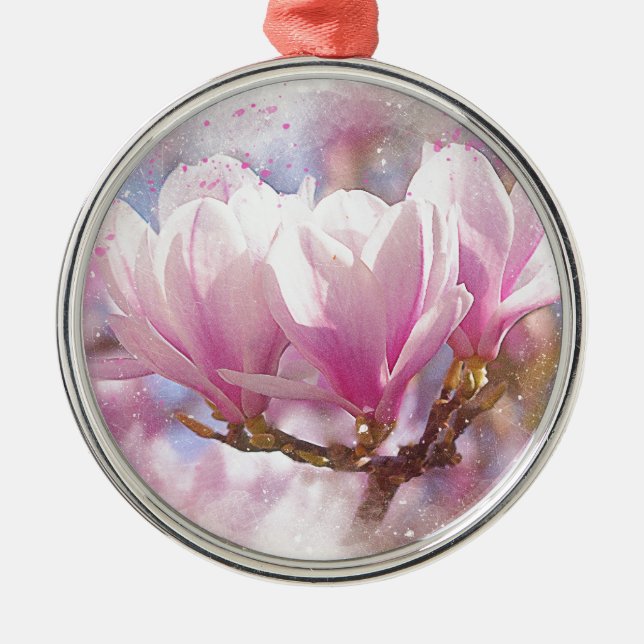 Blooming Pink Purple Magnolia - Spring Flower Metal Ornament (Front)