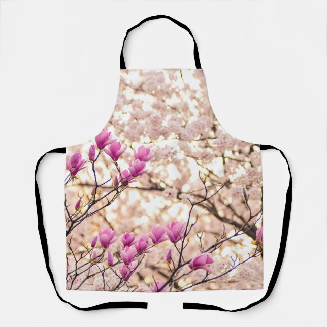 Blooming Pink Purple Magnolias Spring Flower Apron (Front)