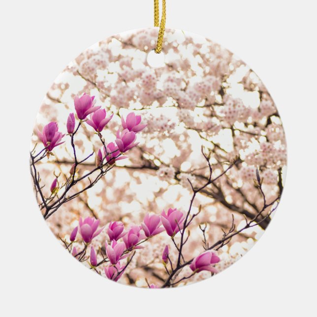 Blooming Pink Purple Magnolias Spring Flower Ceramic Ornament (Front)