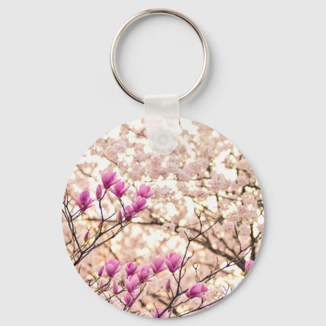 Blooming Pink Purple Magnolias Spring Flower Keychain (Front)