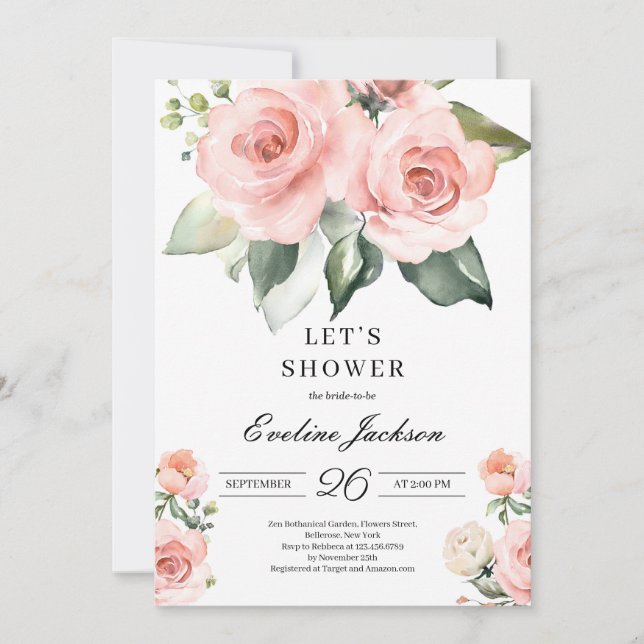 Blooming Pink Roses Floral Bridal Shower Invite (Front)