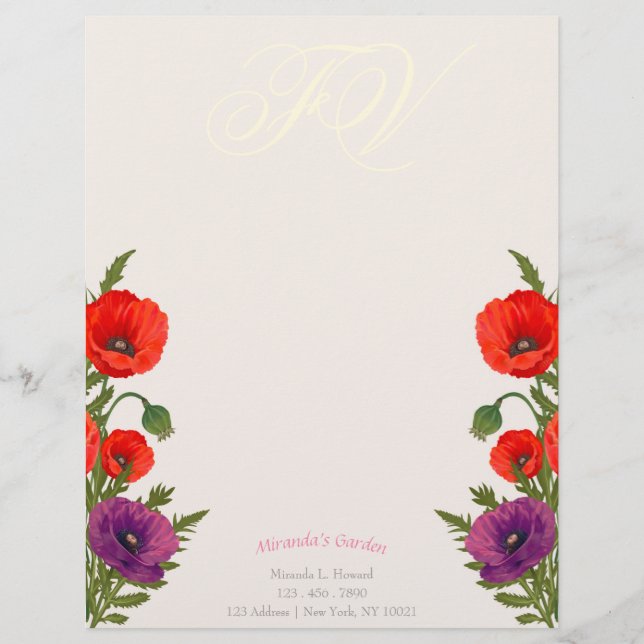 Blooming Poppy Monogram Floral Business Letterhead (Front)