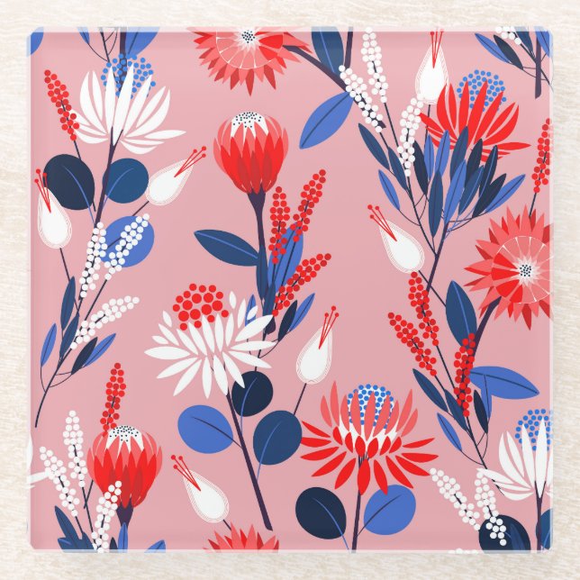 Blooming Protea: Botanical Garden Pattern Glass Coaster (Front)