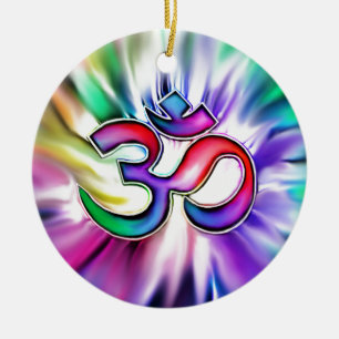 Blooming Rainbow Lotus OM Ceramic Ornament