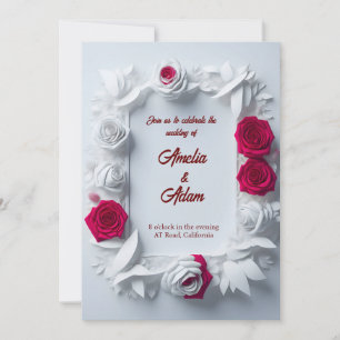Blooming red and white rose flower frame wedding invitation